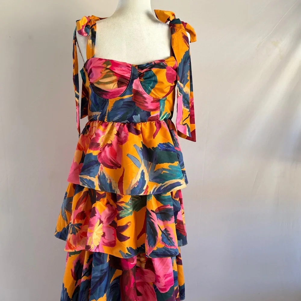 Farm Rio Tropical Floral Printed Colorful Layered Maxi Dress Size L Tie Straps - Picture 3 of 14